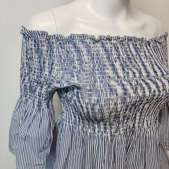 Zara Smocked Top Size M Blue White Square Neck Off Shoulder Bell Sleeve Y2K - Picture 3 of 9